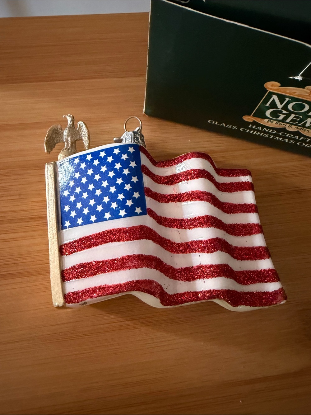 Noble Gems Kurt S Adler Inc. Patriotic American Flag Glass Ornament w. Glitter